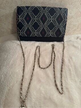 Navy Patterned Crossbody Bag with Silver Chain